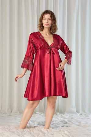 Kadın Bordo Saten Gelin 6'lı Çeyiz Seti Sabahlık & Gecelik & Pijama Şortlu Takım Q8U6O1K0KKA