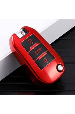 Peugeot 3008 Sustalı Parlak Anahtar Kılıfı Kırmızı Renk