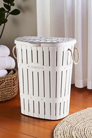  65 Lt Bambu Halatlı Kirli Çamaşır Sepeti Kapaklı Banyo Düzenleyici Plastik Kirli Sepeti