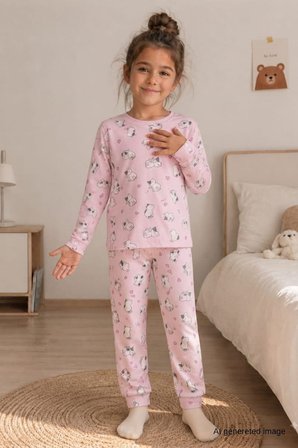 Kız Çocuk Yeni sezon Pamuklu  Desenli Pijama Takım TKM1021