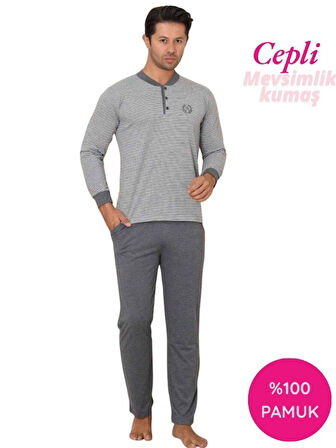 Erkek 3 Düğmeli Çizgili Desen %100 Pamuk Uzun Manşetli Kol Cepli Pijama Takımı 