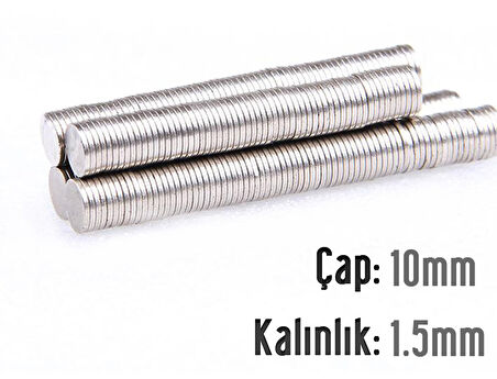 Neodyum Mıknatıs Silindir Çap 10mm , Kalınlık 1.5mm   ( 10 Adet)