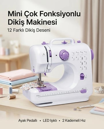 Ev Tipi Mini Dikiş Makinesi Ayak Pedallı Led Aydınlatmalı 12 Farklı Dikiş Desenli