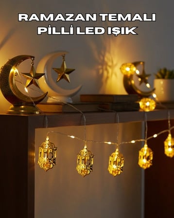 Ramazan Dekoru İçin Pilli Led Işık Altın Fener Tasarımlı