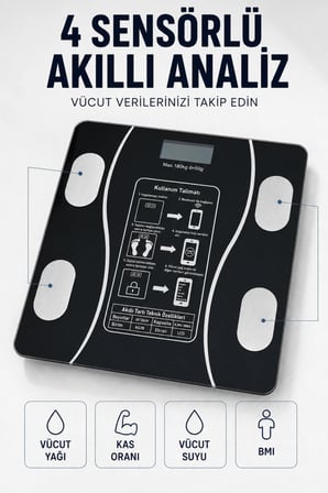 Bluetooth Akıllı Tartı 180 Kg Kapasiteli Vücut Yağ Kas Su Bmı Analizli Cam Baskül