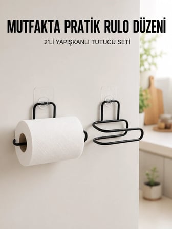 2 li Siyah Metal Rulo Kağıt Tutucu Yapışkanlı Banyo Ve Mutfak Kağıtlık