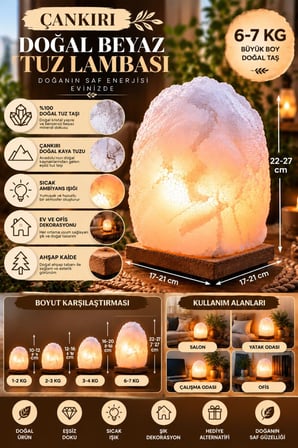 Çankırı 6-7 Kg Beyaz Doğal Kaya Tuzu Lambası Ahşap Kaideli Dekoratif Lamba