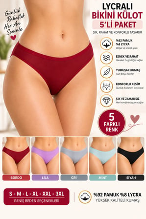 Kadın Likralı Bikini Külot 5'li Paket, Yumuşak Kumaş, Günlük Kadın İç Çamaşırı - ryl -500