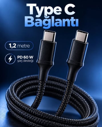 Pd Destekli Type C Şarj Ve Veri Kablosu Led Işıklı Tasarım