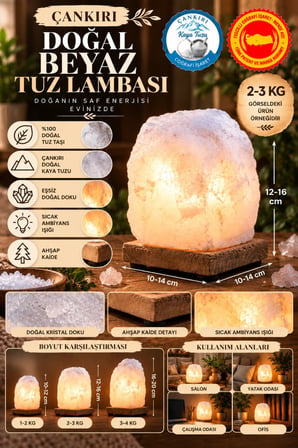 Çankırı 2-3 Kg Beyaz Doğal Kaya Tuzu Lambası Ahşap Kaideli Dekoratif Lamba