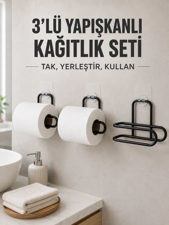 3 Adet Yapışkanlı Rulo Tutucu Siyah Metal Tuvalet Kağıdı Askısı