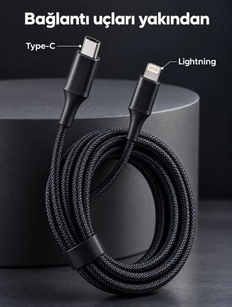 Type C Lightning Örgülü Şarj Ve Veri Kablosu 2 Metre