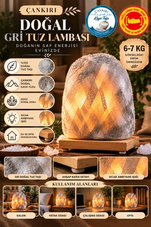 Çankırı 6-7 Kg Gri Doğal Kaya Tuzu Lambası Ahşap Kaideli Dekoratif Lamba