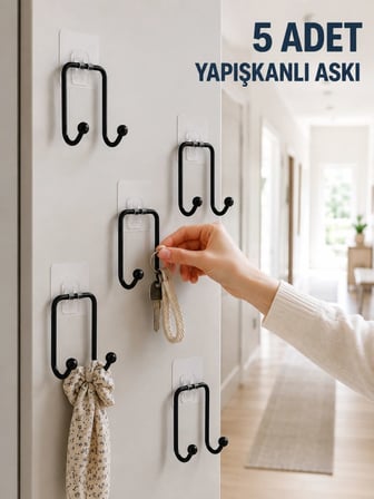 5 Adet Yapışkanlı Duvar Askısı Çok Amaçlı Pratik Askılık Seti