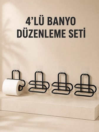 4 Adet Yapışkanlı Tuvalet Kağıdı Askısı Siyah Metal Delmeden Duvara Monte Wc Kağıtlık