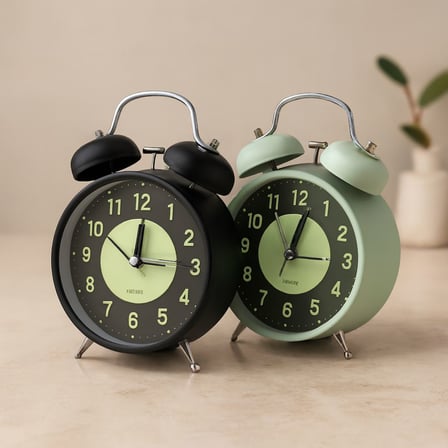 Twin Bell Metal Masa Çalar Saat 11 cm - Pilli, Işıklı, Fosforlu