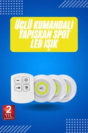 Yapışkanlı 3'lü Spot Led Işık Lamba Montajsız Pilli Uzaktan Kumandalı