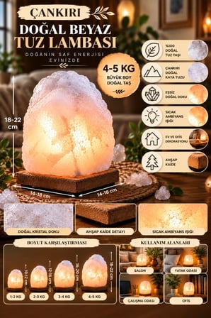 Çankırı 4-5 Kg Beyaz Doğal Kaya Tuzu Lambası Ahşap Kaideli Dekoratif Lamba