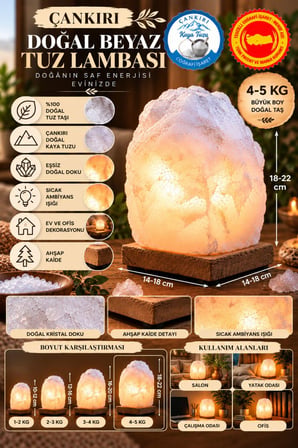Çankırı 4-5 Kg Beyaz Doğal Kaya Tuzu Lambası Ahşap Kaideli Dekoratif Lamba