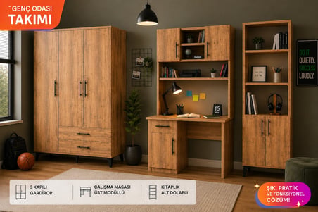 Genç Odası Takımı, 3 Kapılı Dolap, Çalışma Masası, Kitaplık