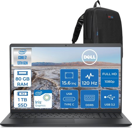 Dell Pro 15 Essential Intel Core I7 1355U 5 Ghz 80GB Ddr5 1tb SSD Freedos 15.6" FHD(1920X1080) 120HZ Wva IPS Taşınabilir Bilgisayar PV152501355UF33 + Zetta Çanta