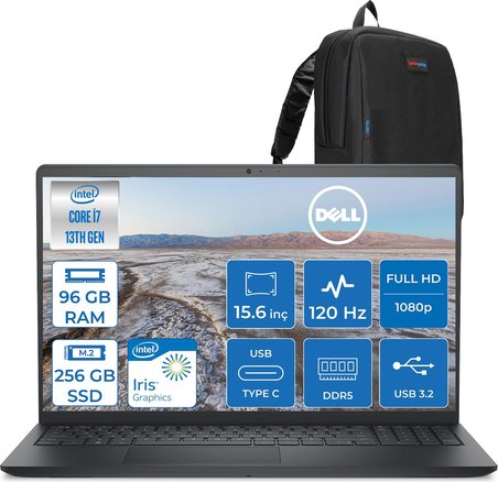 Dell Pro 15 Essential Intel Core I7 1355U 5 Ghz 96GB Ddr5 256GB SSD Freedos 15.6" FHD(1920X1080) 120HZ Wva IPS Taşınabilir Bilgisayar PV152501355UF36 + Zetta Çanta