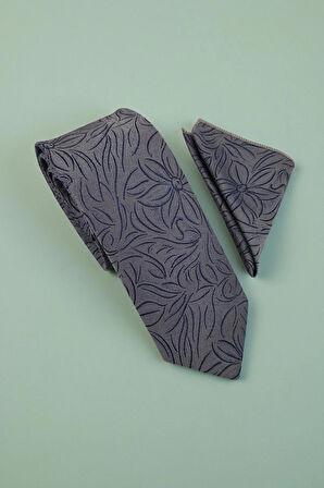 Çiçekli Gri Kravat & Mendil