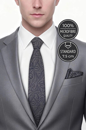 Çiçekli Gri Kravat & Mendil