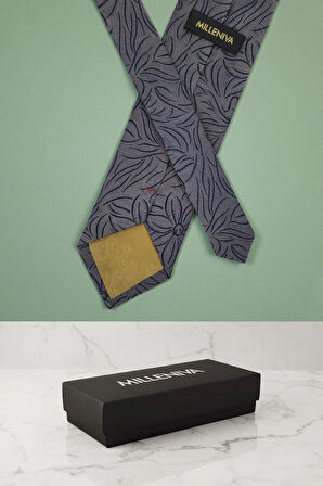 Çiçekli Gri Kravat & Mendil