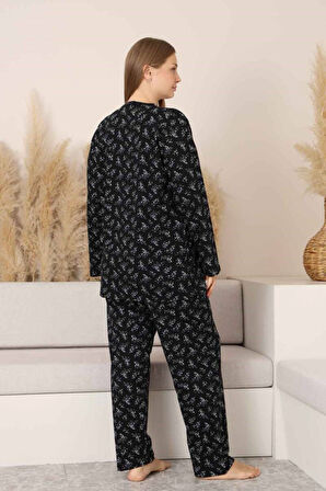 Siyah Çiçekli Dantel Detaylı V Yaka Düğmeli Mevsimlik Pamuk Likra Uzun Kol Pijama Takımı-Geniş Kalıp