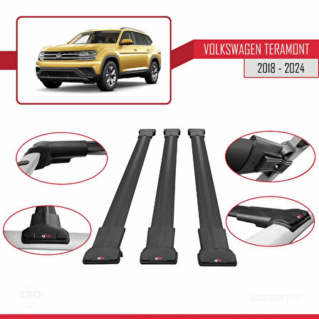 Volkswagen Teramont (CA1) 2018-2024 Arası ile Uyumlu FLY Model Ara Atkı Tavan Barı Siyah 3 Adet