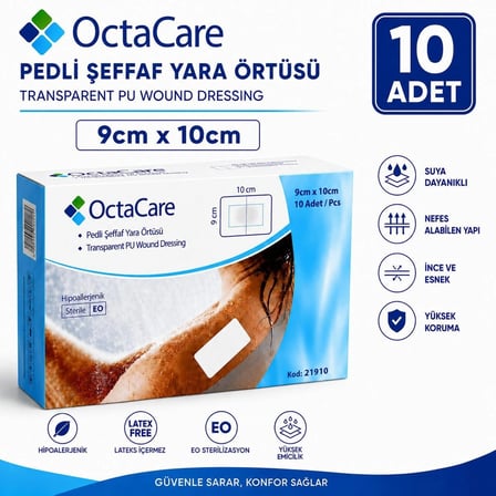 Octacare Su Geçirmez Pedli Şeffaf Pu Film Steril Yara Örtüsü Banyo Bandı 9cm×10cm (10 Adet)