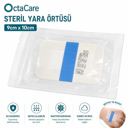 Octacare Su Geçirmez Pedli Şeffaf Pu Film Steril Yara Örtüsü Banyo Bandı 9cm×10cm (10 Adet)