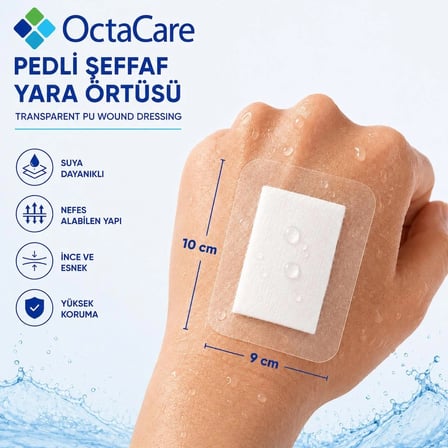 Octacare Su Geçirmez Pedli Şeffaf Pu Film Steril Yara Örtüsü Banyo Bandı 9cm×10cm (10 Adet)