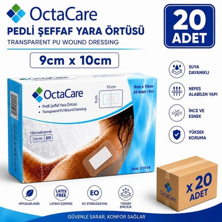 Octacare Su Geçirmez Pedli Şeffaf Pu Film Steril Yara Örtüsü Banyo Bandı 9cm×10cm (20 Adet)