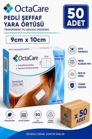 Octacare Su Geçirmez Pedli Şeffaf Pu Film Steril Yara Örtüsü Banyo Bandı 9cm×10cm (50 Adet)