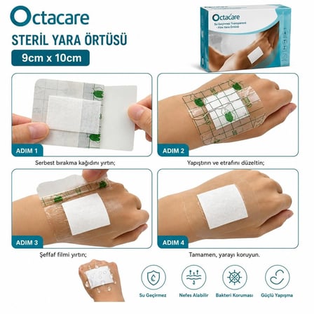 Octacare Su Geçirmez Pedli Şeffaf Pu Film Steril Yara Örtüsü Banyo Bandı 9cm×10cm (50 Adet)