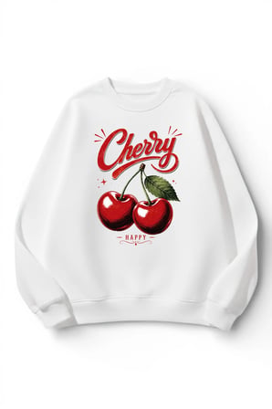 Unisex Yumuşak Dokulu Retro Cherry Baskılı Tasarım Oversize 3 İplik Bisiklet Yaka Sweatshirt