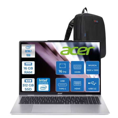Acer Aspire Lite AL16-53P Intel Core Ultra 7 155U 16GB Ddr5 512GB SSD Freedos  Intel® Aı Boost 16" Wuxga (1920X1200) IPS Laptop NXD5EEY001F01 + Zetta Çanta