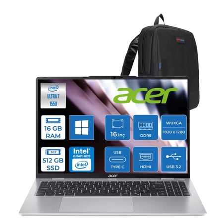 Acer Aspire Lite AL16-53P Intel Core Ultra 7 155U 16GB Ddr5 512GB SSD Windows 11 Home  Intel® Aı Boost 16" Wuxga (1920X1200) IPS Laptop NXD5EEY001H01 + Zetta Çanta