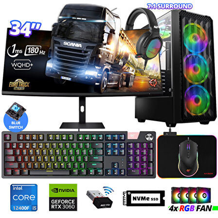 Xaser Delux X98 i5 12400F 32GB Ram 512GB M.2 NVMe SSD 12GB RTX3060 34" 180Hz Curved Oyuncu Bilgisayarı