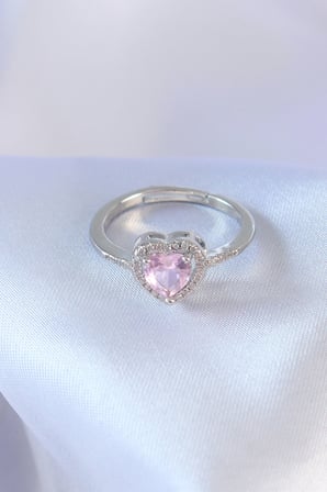 Gümüş Renk Pembe Zirkon Taşlı Kalp Charm Model Pirinç Kadın Yüzük -