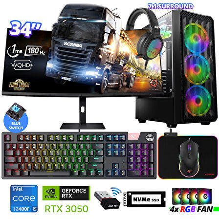 Xaser Delux X97 i5 12400F 32GB Ram 512GB M.2 NVMe SSD 6GB RTX3050 34" 180Hz Curved Oyuncu Bilgisayarı