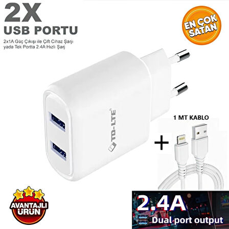 2.4A ÇİFT USB ÇIKIŞLI ŞARJ CİHAZI + 1MT KABLO