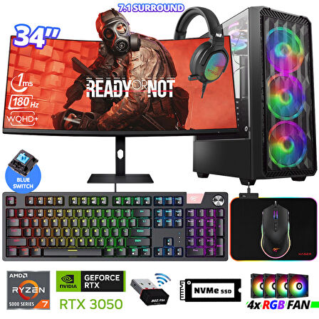 Xaser Delux X112 Ryzen 7 5700X 32GB Ram 512GB M.2 NVMe SSD 6GB RTX3050 34" 180Hz Curved Oyuncu Bilgisayarı