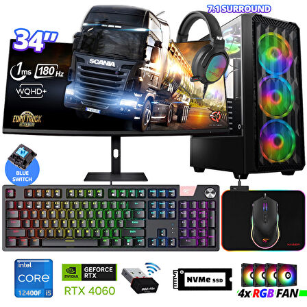 Xaser Delux X99 i5 12400F 32GB Ram 512GB M.2 NVMe SSD 8GB RTX4060 34" 180Hz Curved Oyuncu Bilgisayarı