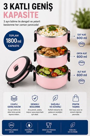SAS HAUS 3 Katlı Paslanmaz Çelik Yemek Kabı 1800 ML Sızdırmaz Kapaklı Taşınabilir Lunch Box