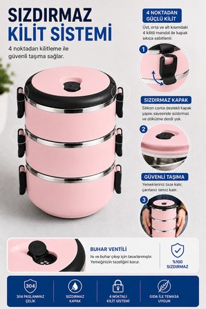 SAS HAUS 3 Katlı Paslanmaz Çelik Yemek Kabı 1800 ML Sızdırmaz Kapaklı Taşınabilir Lunch Box