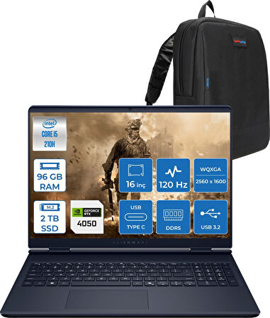Dell Alienware 16 Aurora Intel Core 5 210H 96GB Ddr5 2tb SSD RTX4050 6gb 85W Freedos 16" WQXGA(2560X1600) 120Hz 300NITS Taşınabilir Bilgisayar AC16250F39 + Zetta Çanta