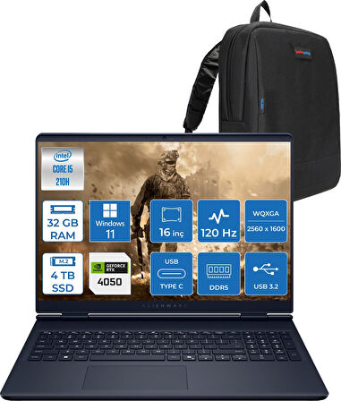 Dell Alienware 16 Aurora Intel Core 5 210H 32GB Ddr5 4tb SSD RTX4050 6gb 85W Windows 11 Pro 16" WQXGA(2560X1600) 120Hz 300NITS Taşınabilir Bilgisayar AC16250P15 + Zetta Çanta